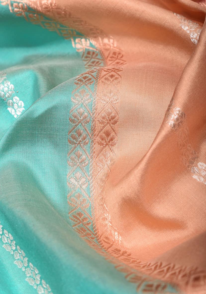 Pastel Multicolor Banarasi Katan Silk Saree with zari stripes and floral border | SILK MARK CERTIFIED view 4