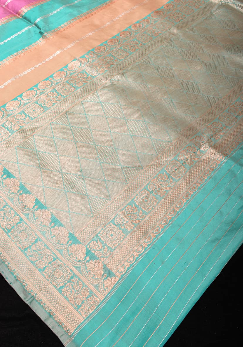 Pastel Multicolor Banarasi Katan Silk Saree with zari stripes and floral border | SILK MARK CERTIFIED view 6