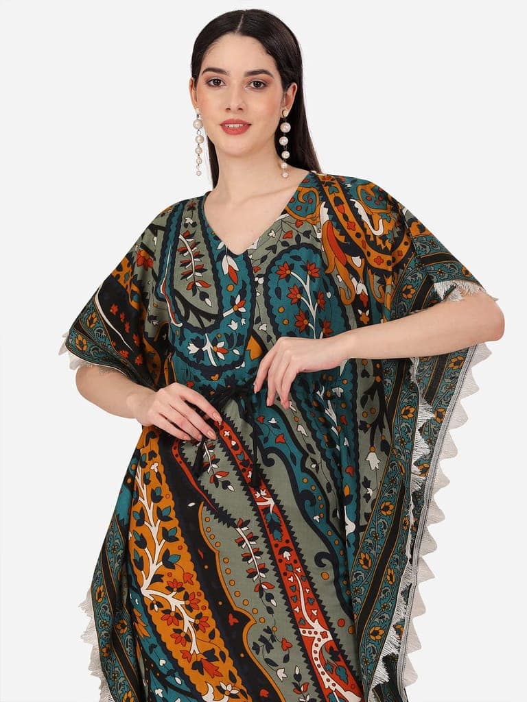 Buy & Try Women's Cotton Printed Kaftan Kurtas Beach Night Wear Dress. view 3