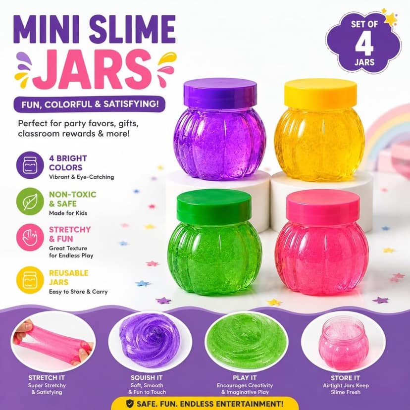 Mini Slime Jars Set of 4 Glitter Sensory Play Toy for Kids view 3