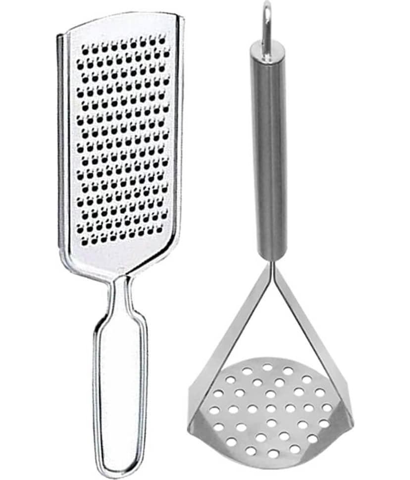 JISUN HG4 Stainless Steel Oval Potato Masher & Cheese Grater Vegetable & fruit Grater Silver Kitchen Tool Set (Silver)