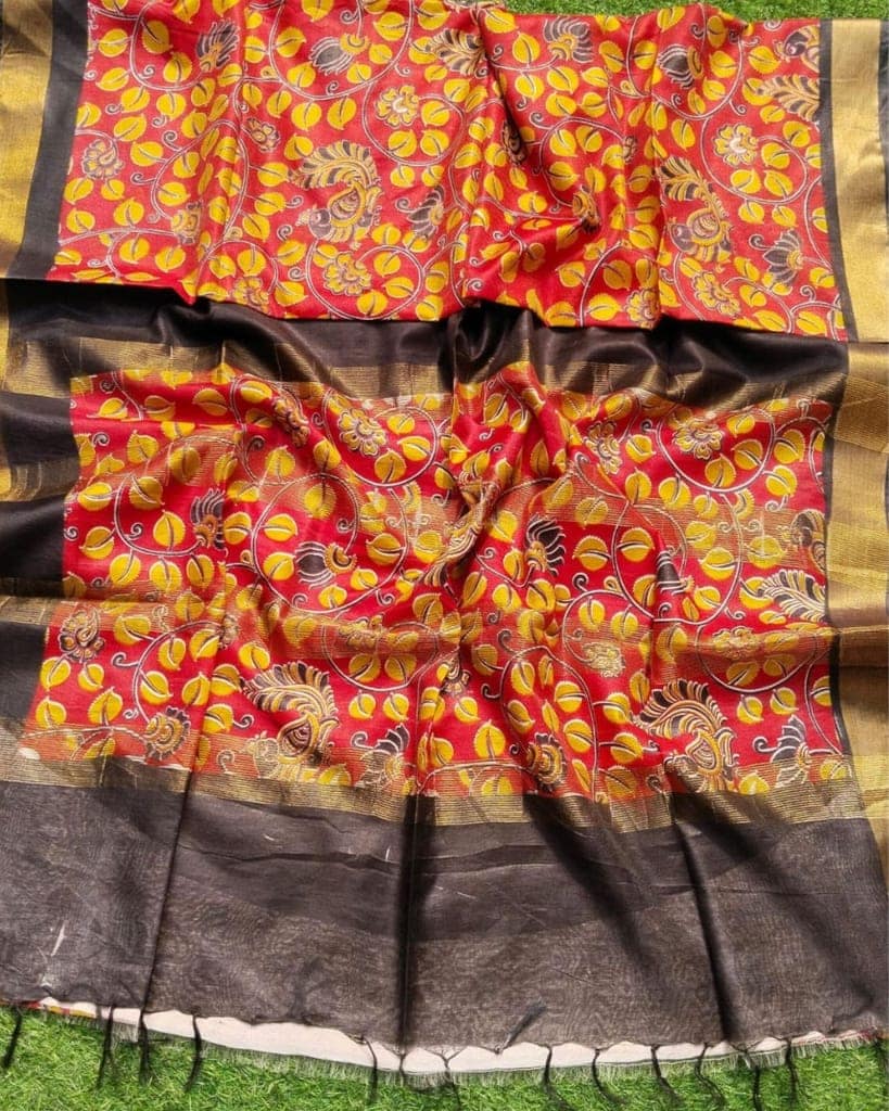 Kota Staple Silk Saree Crimson Red Color Madhubani Print with Contrast Blouse-4867 view 2