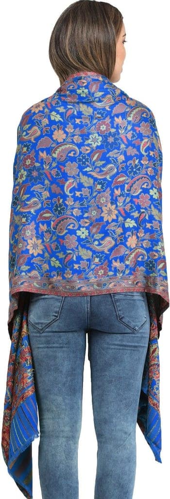 Dazzling-Blue Kani Jamawar Stole with Woven Flowers and Paiselys in Multi-Color Thread view 3