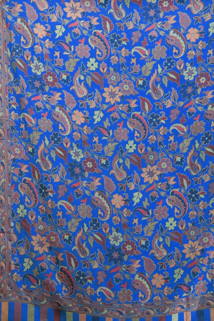 Dazzling-Blue Kani Jamawar Stole with Woven Flowers and Paiselys in Multi-Color Thread view 4