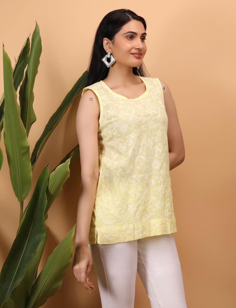 Shwet Women Yellow Chikankari Sleevless Top view 3