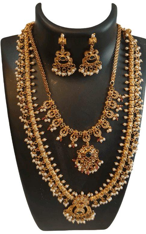 Traditional South Indian Gold-Plated Jewelry Set with Long Floral Chain, Pearl Drops, Double Pendant Necklace, Earrings for Women