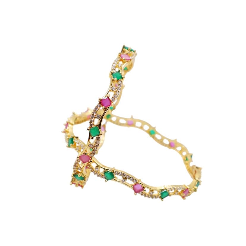 Gold Plated CZ Stone Bangle with Pink & Green Square-Cut Stones – Dual Layer Designer Kada view 3