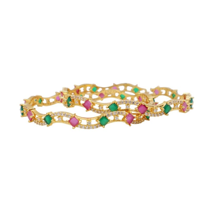 Gold Plated CZ Stone Bangle with Pink & Green Square-Cut Stones – Dual Layer Designer Kada view 4