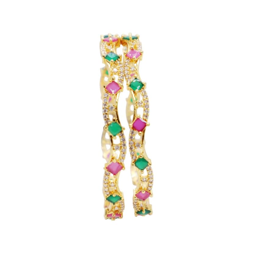 Gold Plated CZ Stone Bangle with Pink & Green Square-Cut Stones – Dual Layer Designer Kada view 5