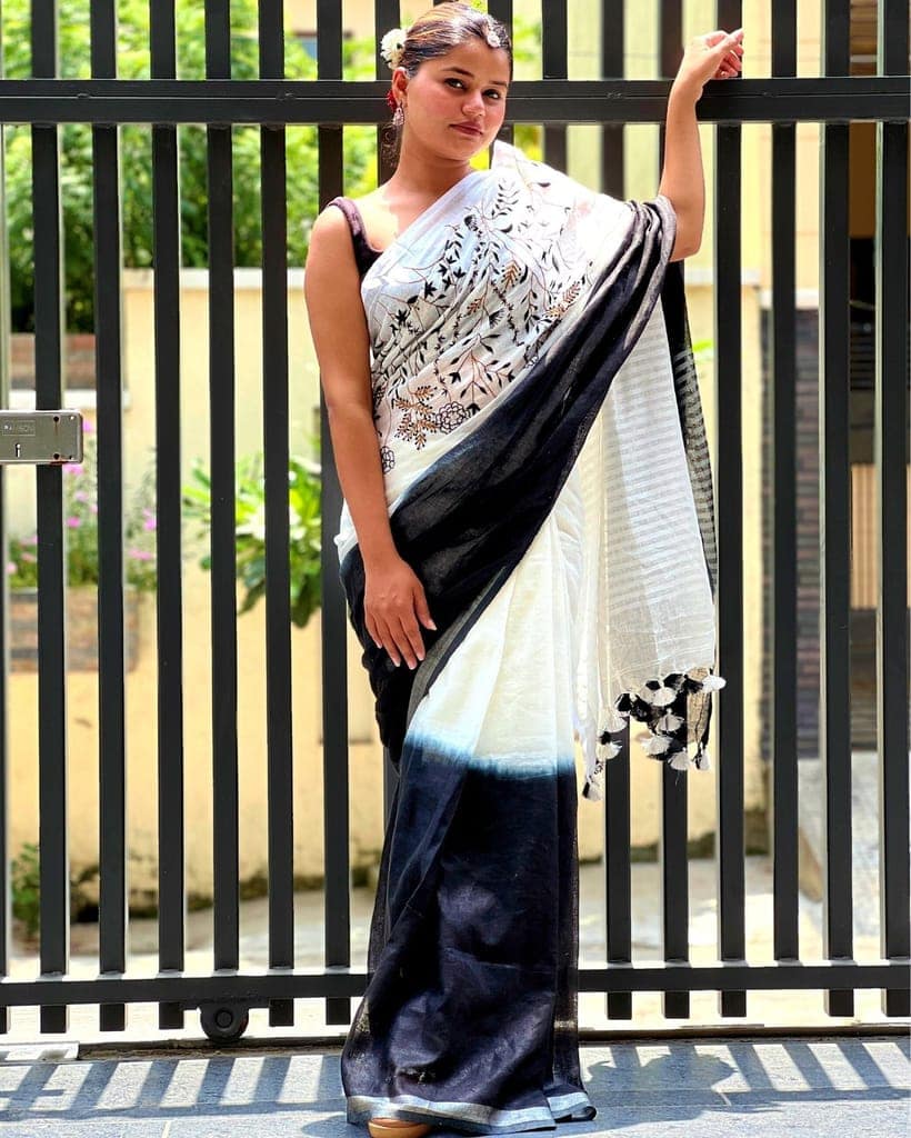 Pure Linen Handloom Saree Black & White Color Hand Embroidered with Running Blouse-5478 view 2