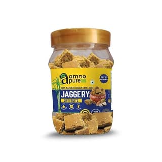 Amno Pure Natural Sugar Cane Jaggery 30G Square with Assorted Dry Fruits | Cholestrol free, Enriched with Dry Fruits, Full of NUTRIENTS & Ayurvedic and 100% Natural 450G Pet Jar