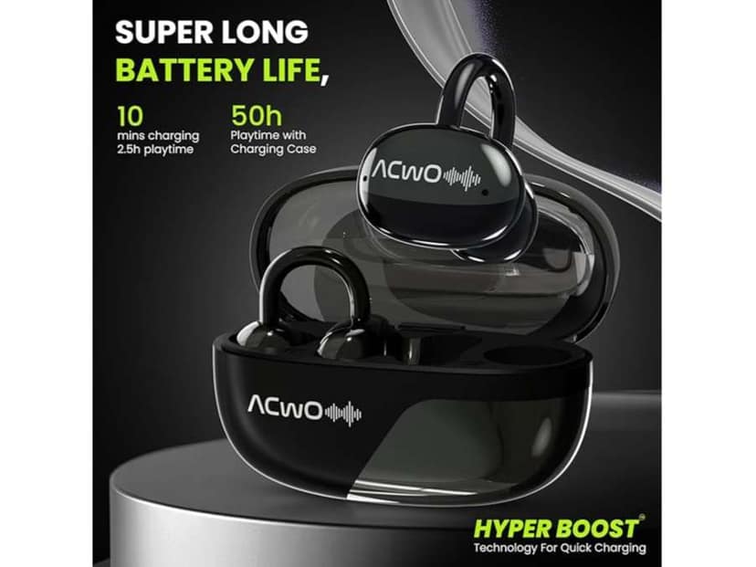 ACwO DwOTS Flow Open Ear Earbuds, X-Fidelity Sound, AI-ENC Mic, Dual Mode (Music & Gaming), 50H Playtime, Fast Charging, IPX5, Bluetooth 5.3 - Pearl-Black view 2