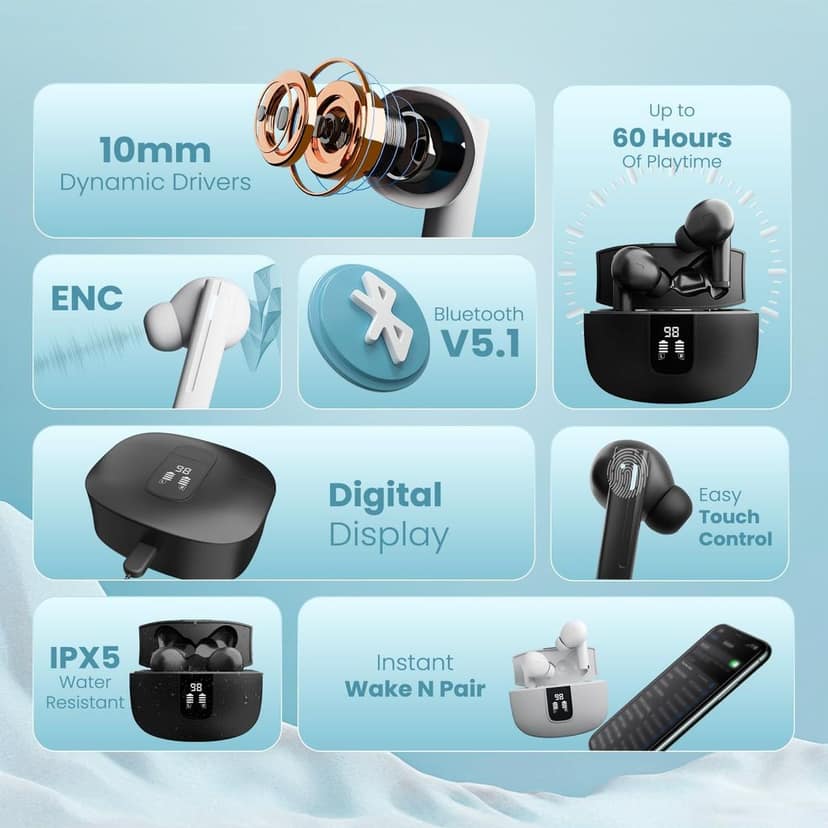 CELLECOR BroPods CB33 TWS with 60 Hours Playtime, Digital Display, Automatic Pairing, HD Sound and 5.1V Bluetooth - White view 7
