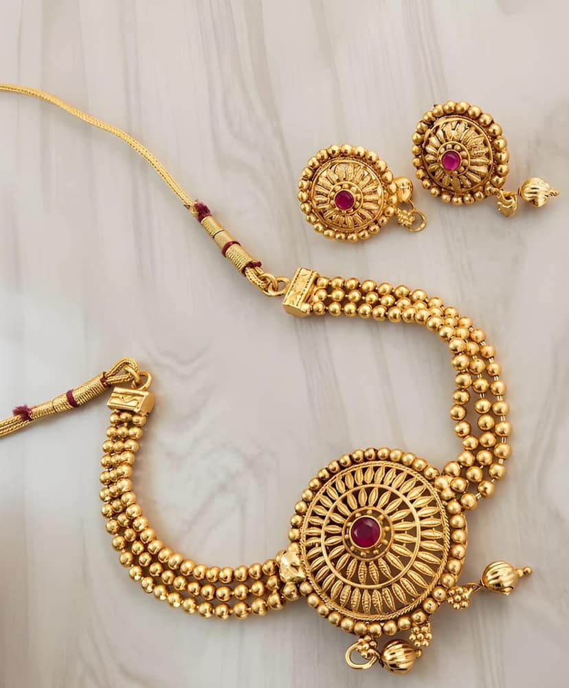 Gold Plated Chick Set Round Necklace Set with Matching Earrings for Women Traditional Ethnic Jewellery for Wedding Party Festive Wear view 3