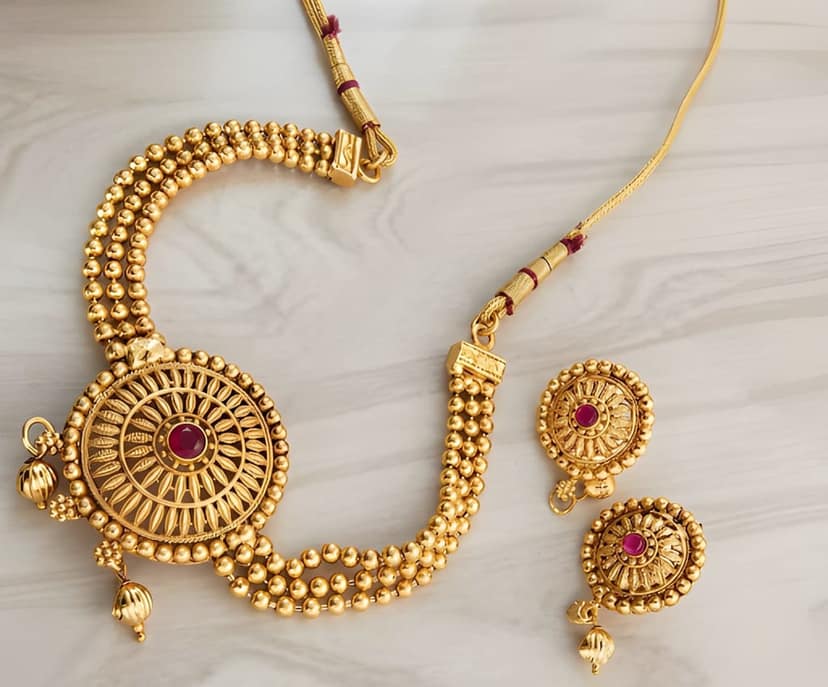 Gold Plated Chick Set Round Necklace Set with Matching Earrings for Women Traditional Ethnic Jewellery for Wedding Party Festive Wear view 4