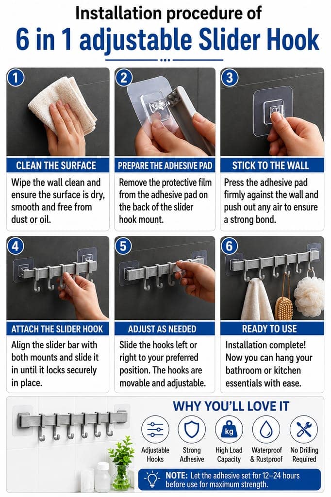 6-in-1 Adjustable Slider Hook | Self Adhesive Multipurpose Wall Hanger view 2