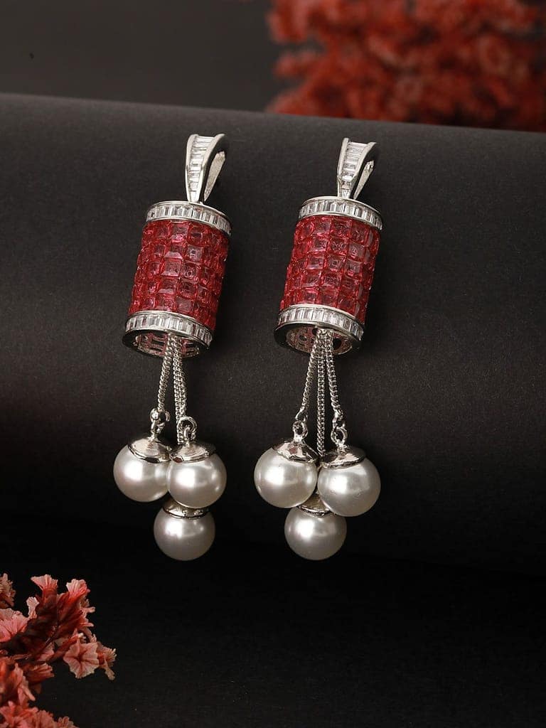 Silver Plated Red Cubic Zirconia & Pearl Beaded Designer Contemporary Dangler Earrings view 2