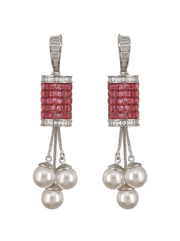 Silver Plated Red Cubic Zirconia & Pearl Beaded Designer Contemporary Dangler Earrings view 4