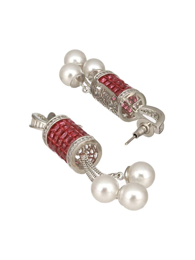 Silver Plated Red Cubic Zirconia & Pearl Beaded Designer Contemporary Dangler Earrings view 7