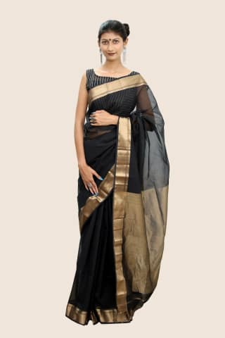 Attractive Maheshwari handloom Tissue Saree with Tassels – Royal Black