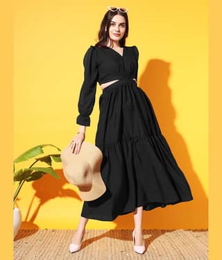 ZWERLON Women Crepe Solid Cut Out Dress ( Mustard )