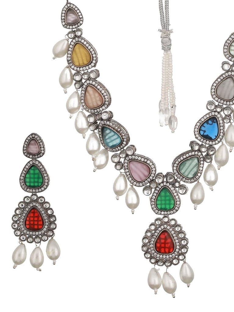 Silver Toned Multicolored Kundan & Pearl Beaded Designer Jewellery Set view 4
