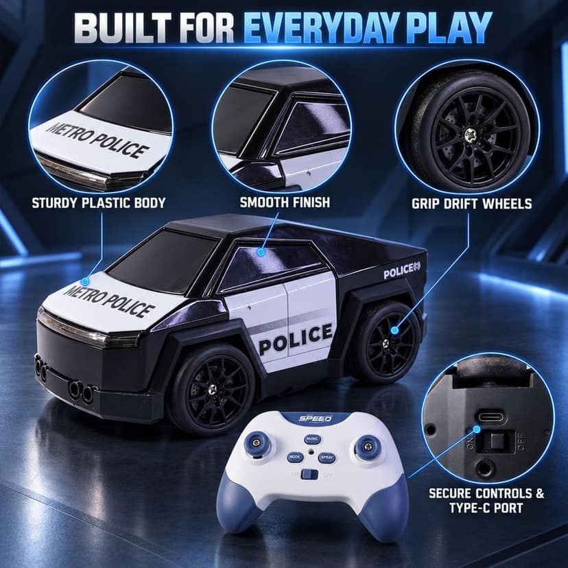 Remote Control Police Drift Car with Follow Mode,Mist Spray,Lights and Music Set view 2