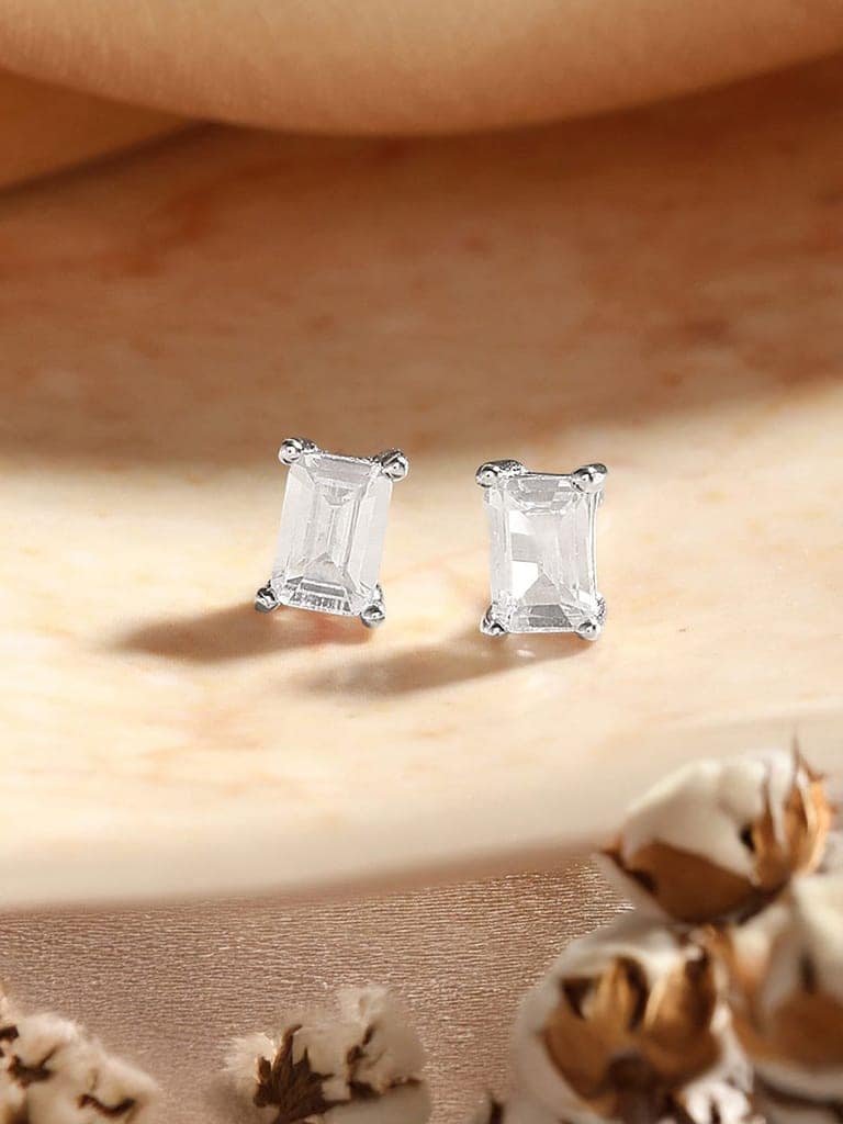 925 Sterling Silver 6 mm Zircon Studded Rectangular Solitaire Dailywear Studds Earrings