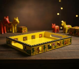 Icrafts Home Décor Exclusive Handmade Wooden Yellow Tray – Single Piece (L: 33.02 cm × B: 25.4 cm × H: 10.16 cm, Weight: 750 g)
