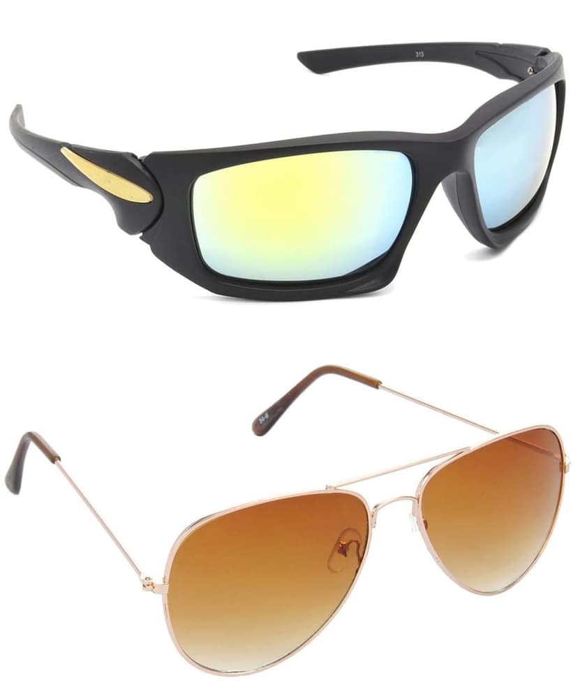 HRINKAR Men Sports Sunglasses Black & Golden Frame, Silver & Brown Lens (Medium) - Pack of 2