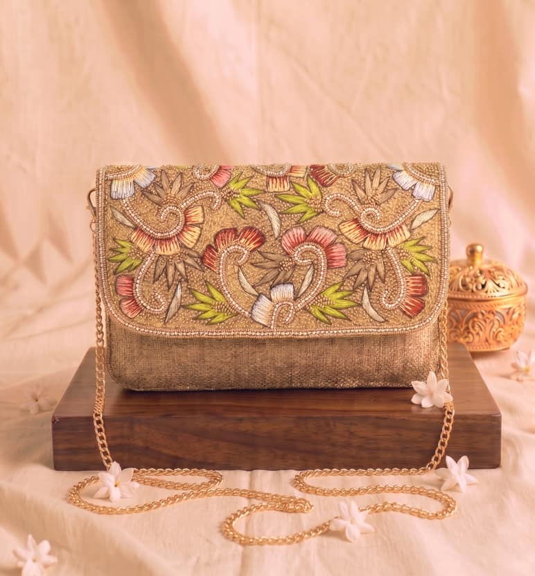 Handcrafted Zardozi Jute Clutch - golden grass