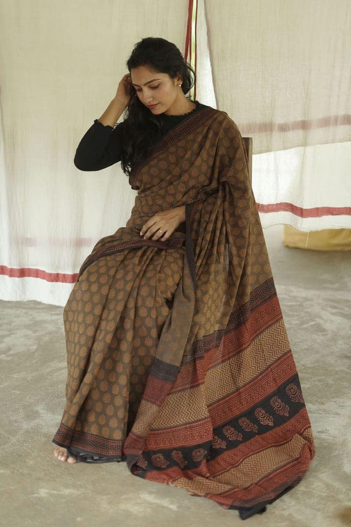 Roheda Chevron natural dyed handblock printed Bagru saree view 2