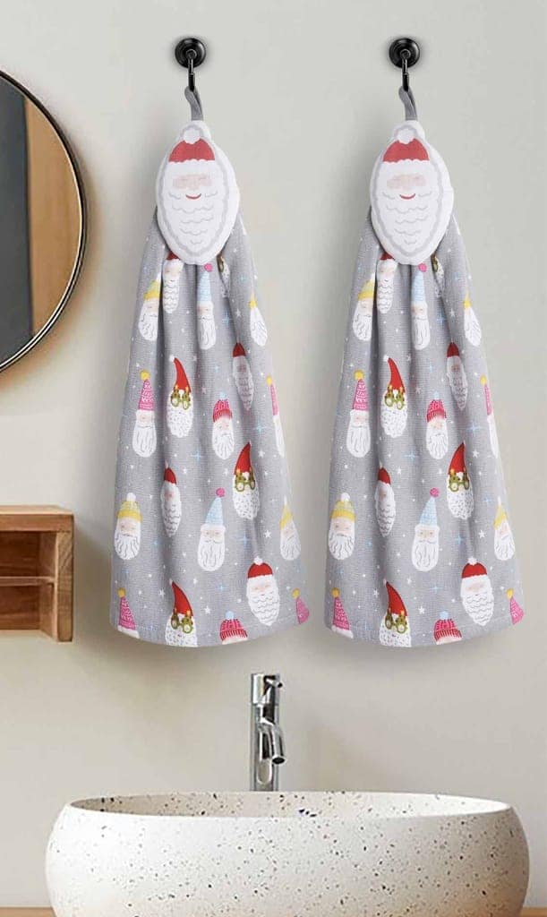 AIRWILL, 100% Cotton Designer Printed with One Side Terry Weaved Woven Wash Basin Towels, Hanging Typed - Design, Santa Claus with Snow Star Theme - Pack of 2 pcs view 2