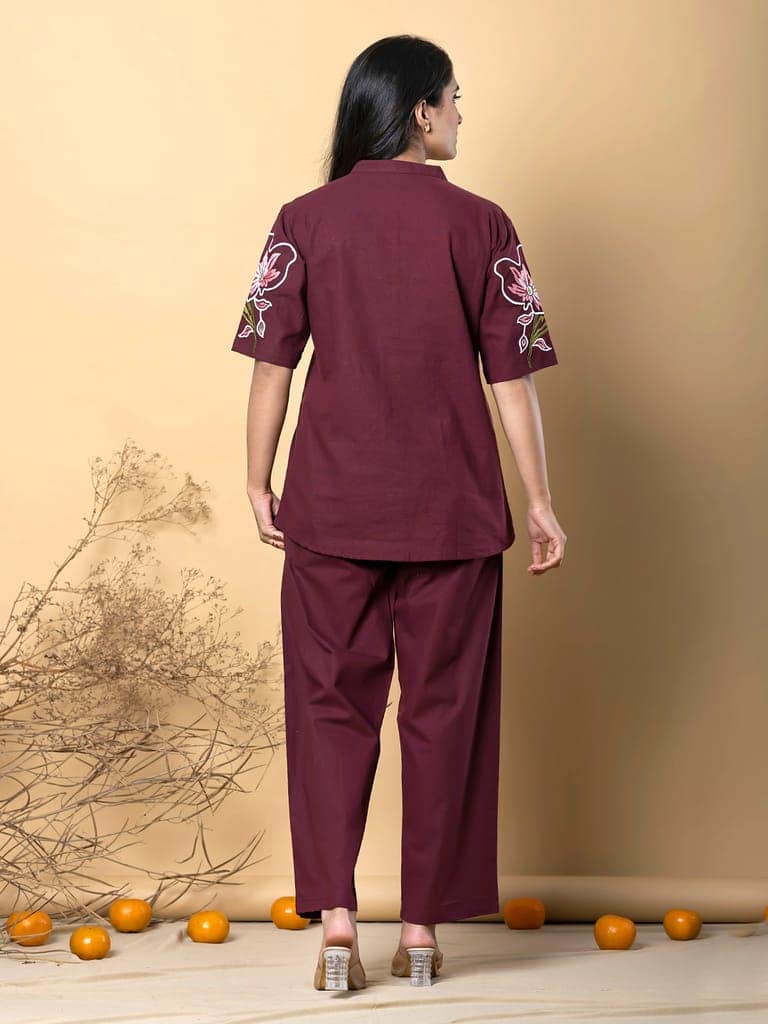 Maroon Cotton Floral Embroidered Top and Pant Co-ord Set view 2