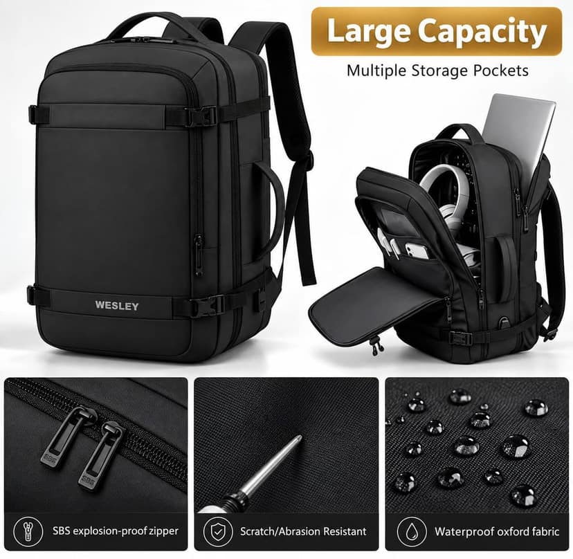 Luxur 45 Ltrs Overnighter Expandable Travel Laptop Backpack, Flight Cabin Approved Carry On with 16 inch Laptop Compartment, Anti Theft feature business/Travel/Weekender/college Charcoal Black view 2