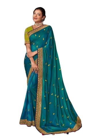 HHK Fashion Women's Work Vichitra Silk 5.5 Meter Saree with Unstitched Blouse Piece