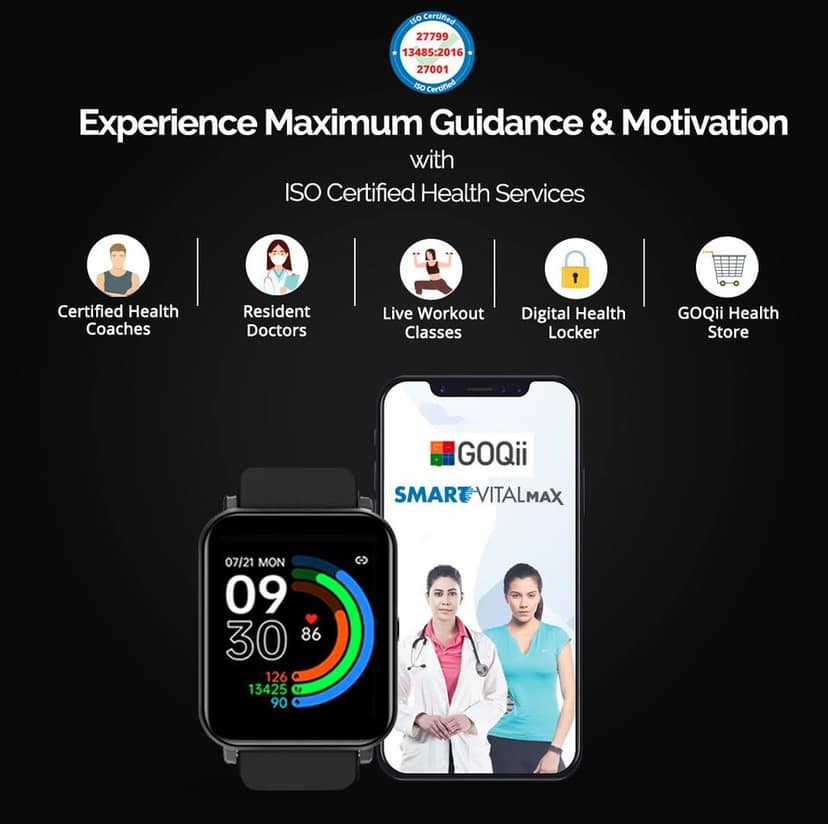 GOQii Smart Vital MAX SpO2 1.69'' HD Full Touch, Smart Notification, Waterproof, IP68, Smartwatch for Smart Phones, Blood Oxygen, Sports & Sleep Tracking with 3 Months Personal Coaching- Black view 5