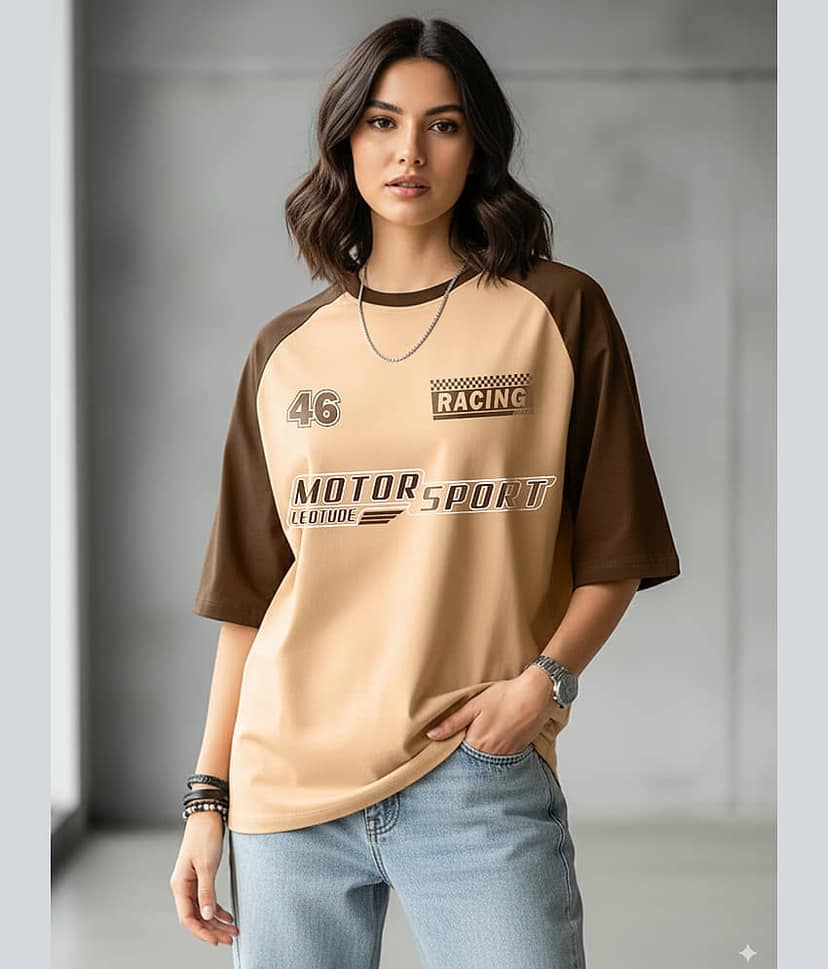Leotude Women Cotton Blend Oversized Fit Round Neck T-Shirt ( Beige )