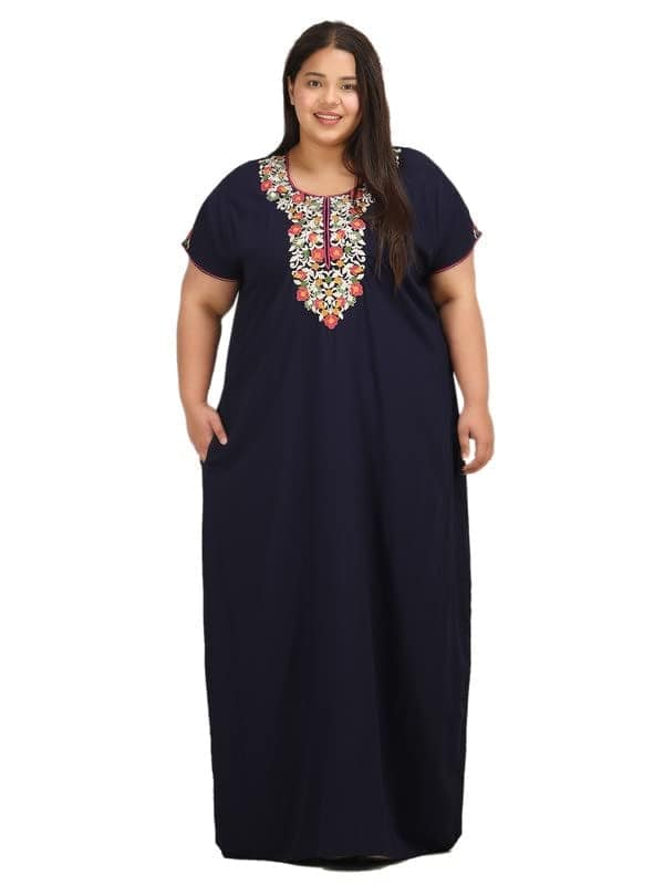 KOI SLEEPWEAR Women's Short Sleeves Lissybissy Full Length Maxi/Nighty Nightgown with Beautiful Flowerline Embroidery (Navy, 2XL/3XL)
