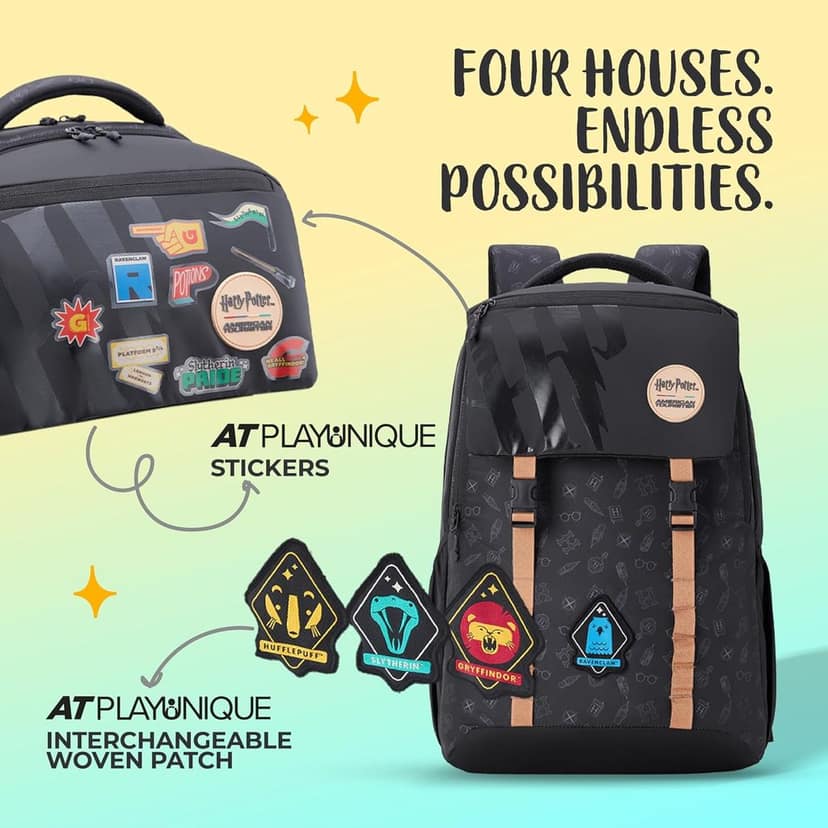 Harry Potter x Hogwarts Backpack | 3 Compartments | AT Interchangeable Badges & Playful Stickers | Rain Cover | 35L Bag for Women & Men | Jet Black | 1 Year Global Warranty view 2