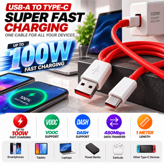 100W Fast Charging USB-A to Type-C Cable with VOOC/DASH Support - 1M, Red