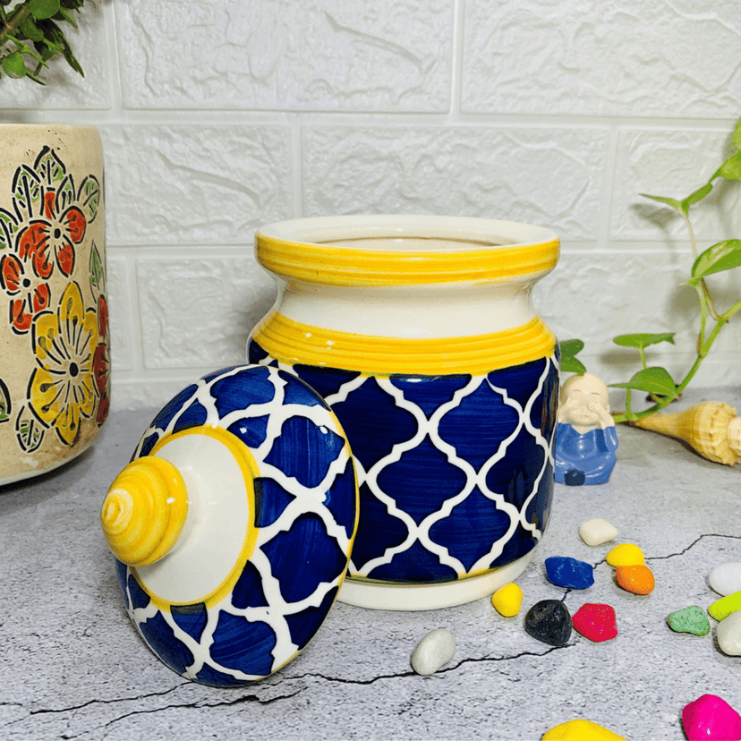 Homefrills Multi-Utility Storage Ceramic Jar & Container with Lid/Achar Barni for Storage of Achar/Snacks /Pickle/cookies etc. (1 jars with Lid )Colour-Blue & Yellow Capacity-1000 ml/1 KG(approx) view 2