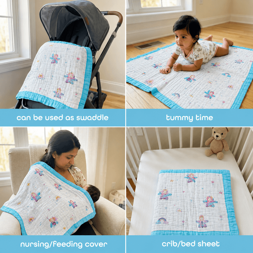 6-Layer Muslin Cotton Baby AC Blanket — Ultra-Soft, Breathable & Lightweight Blanket for Newborn to 6 Years, Stroller Cover & Crib Sheet (White and Bright Sky Blue) view 3