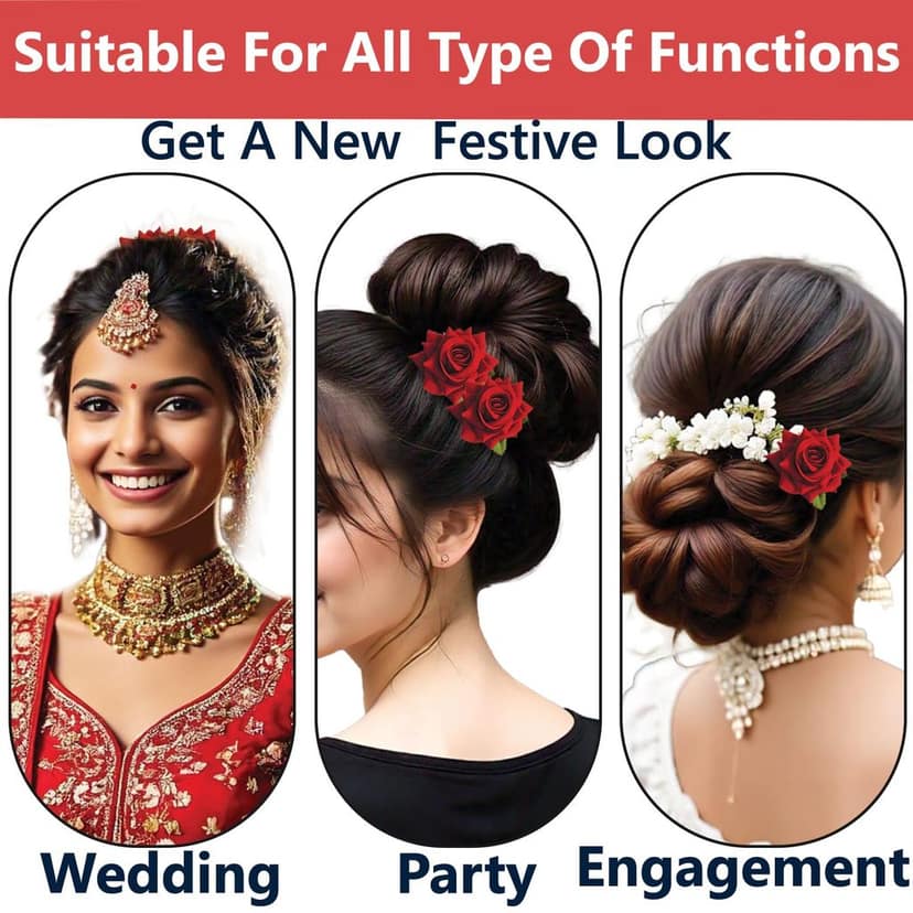 2pcs Stylish Red Rose Artificial Flowers Bun Juda U Pins view 3
