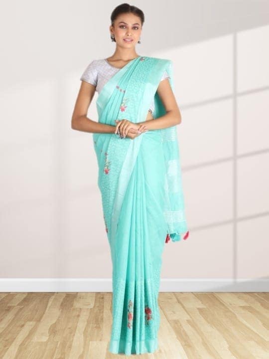 Green Linen Saree With Modish Work