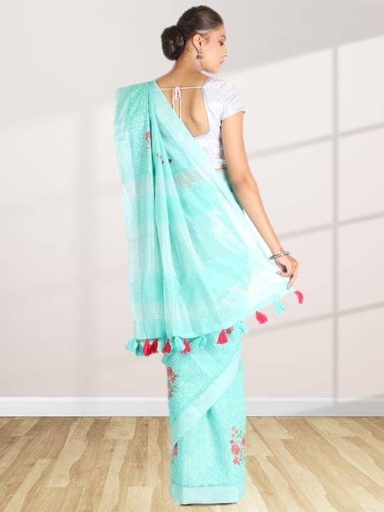 Green Linen Saree With Modish Work view 2