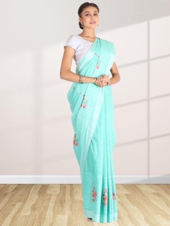 Green Linen Saree With Modish Work view 3