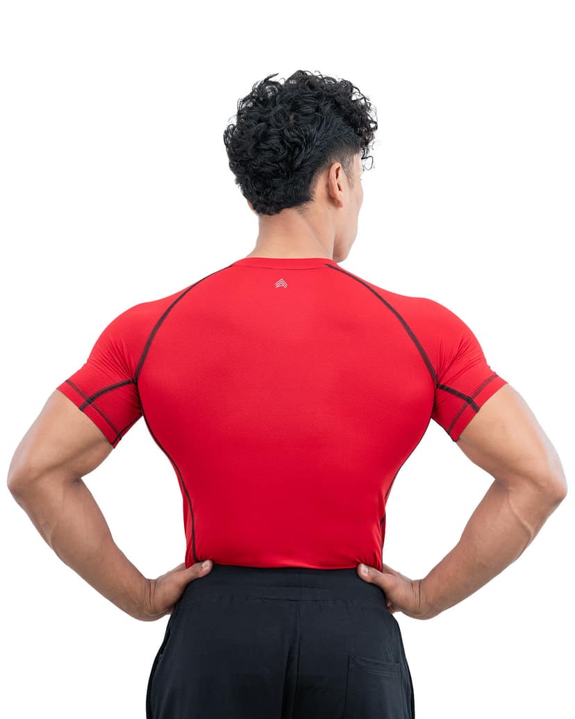 Athflex Men’s Muscle Fit Half Sleeve Textured Compression T-Shirt – Quick Dry, Textured Fabric,Superhero Look ,Stretchable Sportswear for Workout,Fitness & GYM - red/XXL view 2