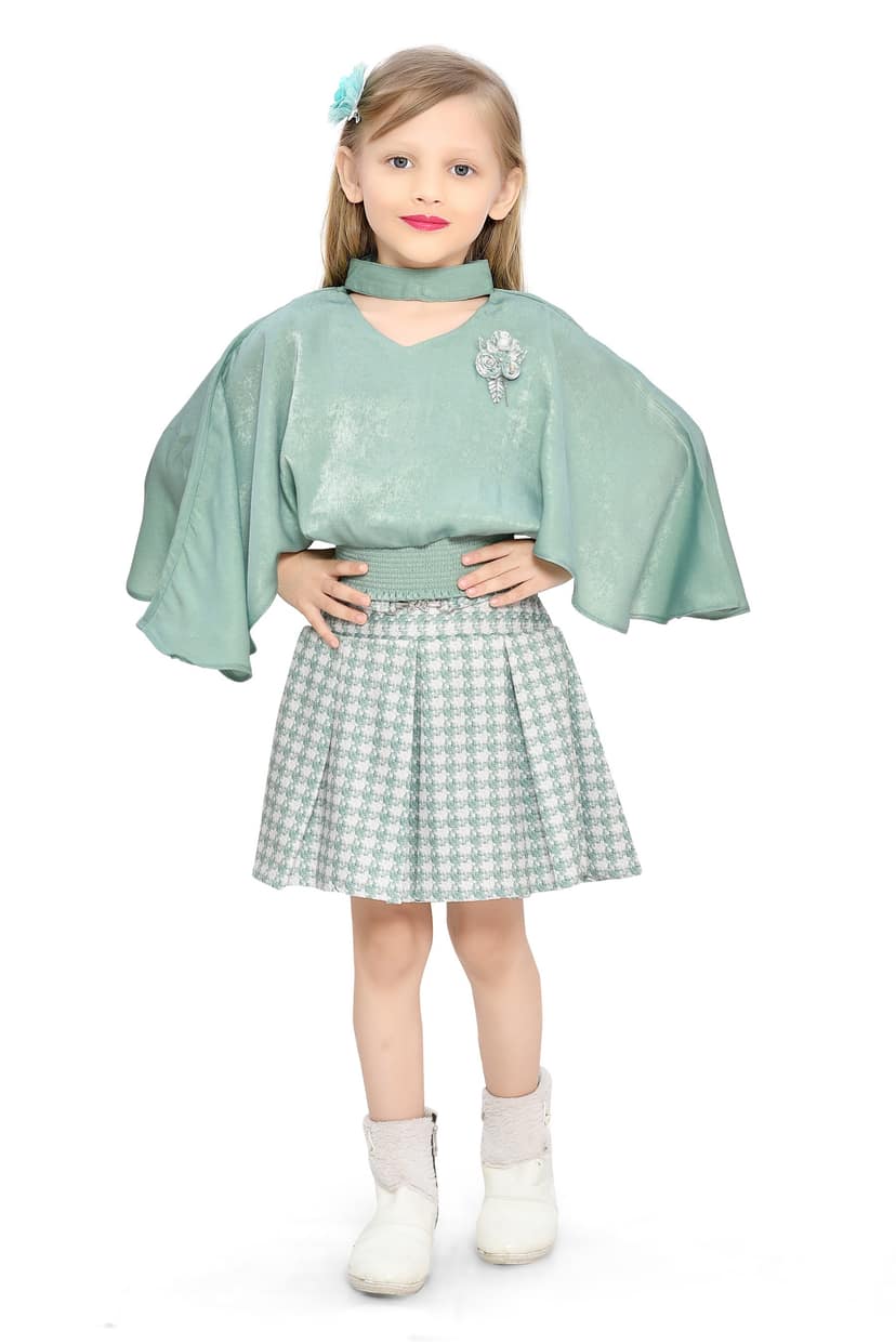Be:kids Green Autumn Charm Girls' Ensemble: Velvet Poncho Top and Houndstooth Pleated Skirt view 2