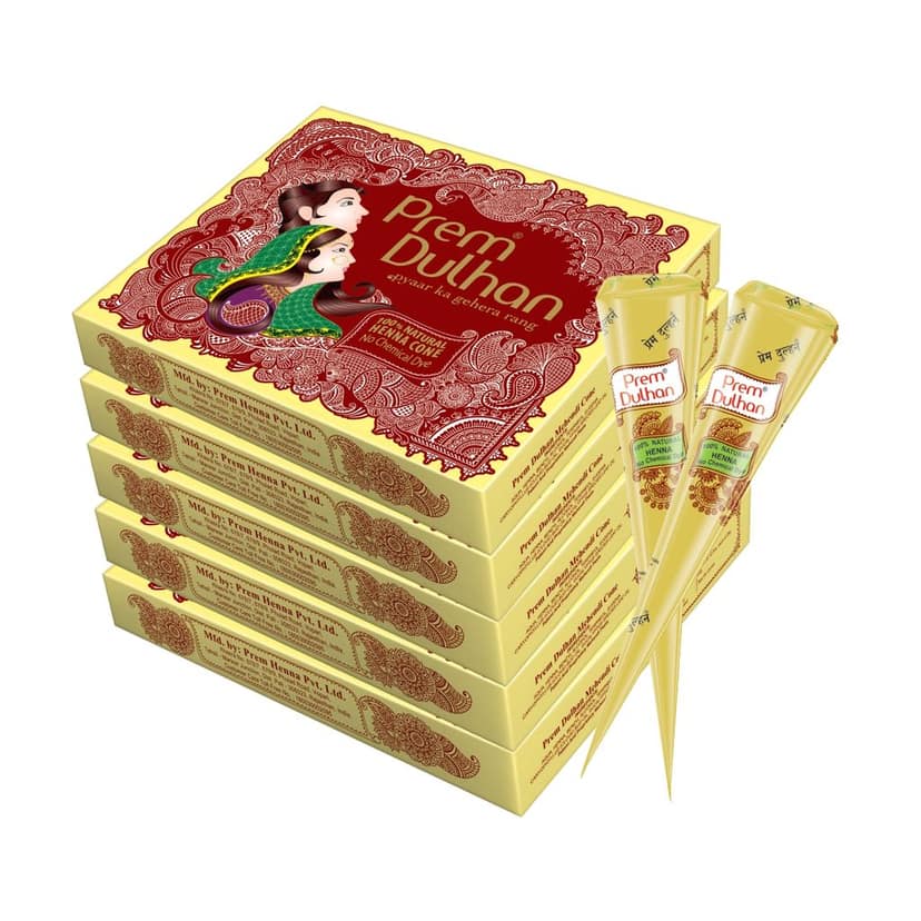 Prem Dulhan Natural Henna Mehandi Cones 12 Pcs Box, Brown Mehendi Cones, for Bridal and Festivals, Easy Application, Yellow box view 5